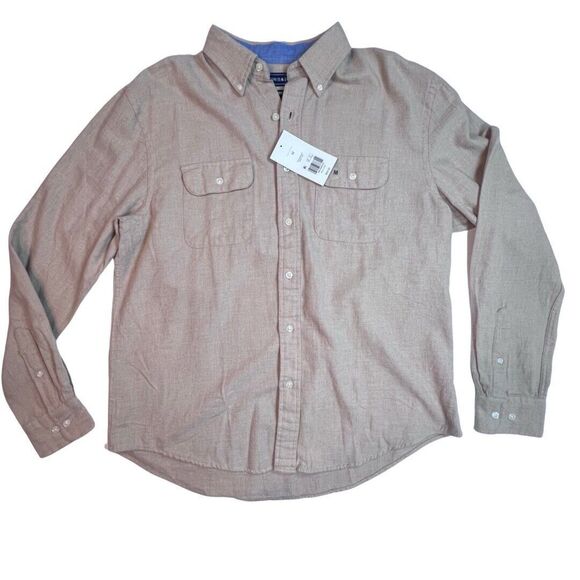 Crown & Ivy Shirt Mens Medium Beige Cozy Cotton Flannel Preppy Button Up Top - Picture 5 of 9
